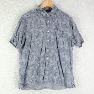 Barbour Shirt Mens Small Blue Floral Button Up Lyocell Linen Blend Short Sleeve